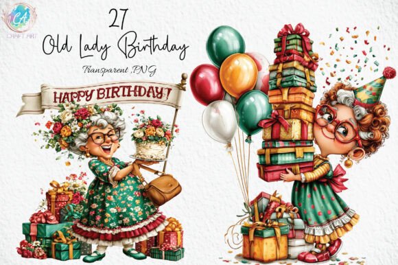 Download Whimsical Old Lady Birthday Clipart PNG - Lady Collection